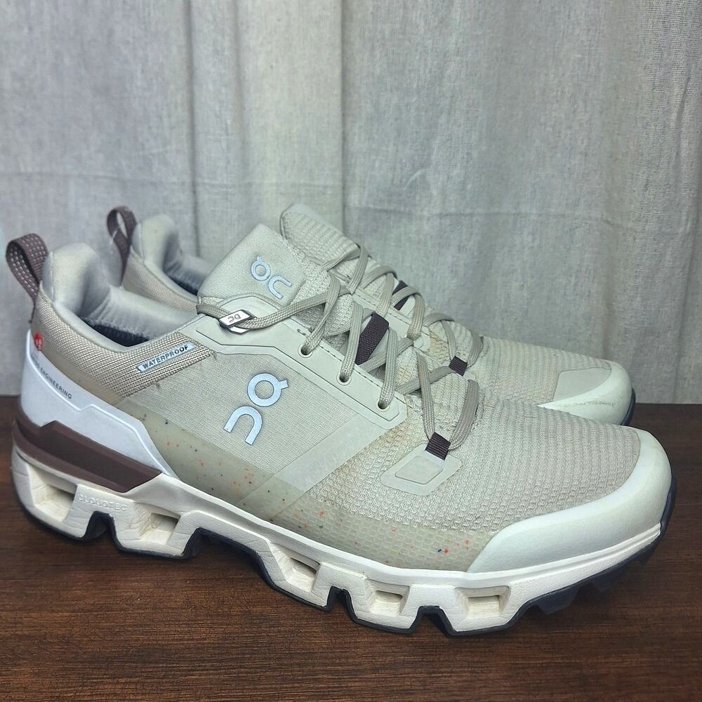 On running on cloudwander waterproof hiking sneaker sand/ivory w/11 athletic